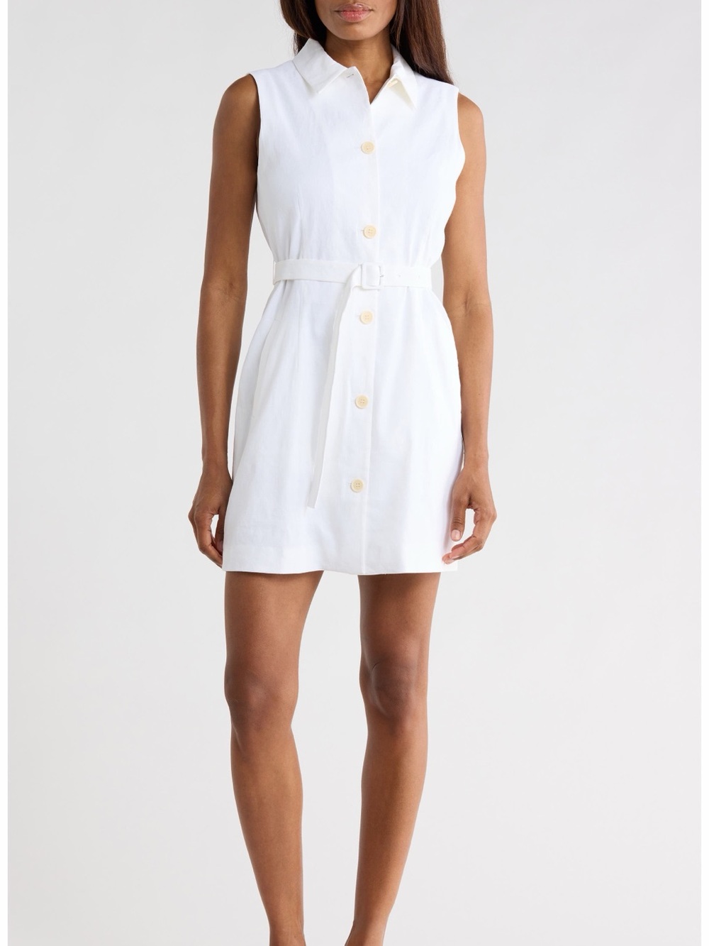 Theory White Sleeveless Belted Linen Blend Shirtdress